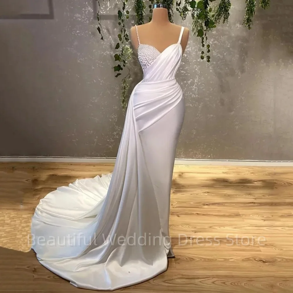 Sexy Wedding Dress For Women Charming Straps Pearls Satin Bride Gowns Mermaid Floor Length Beading Robe Vestidos De Novia