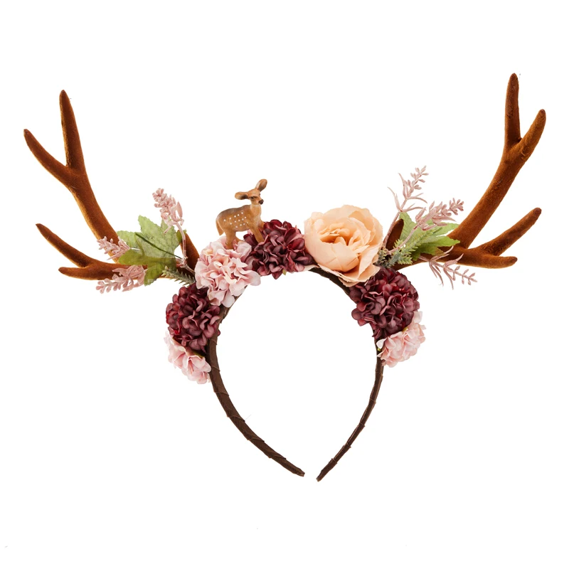 Handmade Christmas Antler Headband Gothic Retro Elk Flowers Hairband Halloween Xmas Party Cosplay Headwear