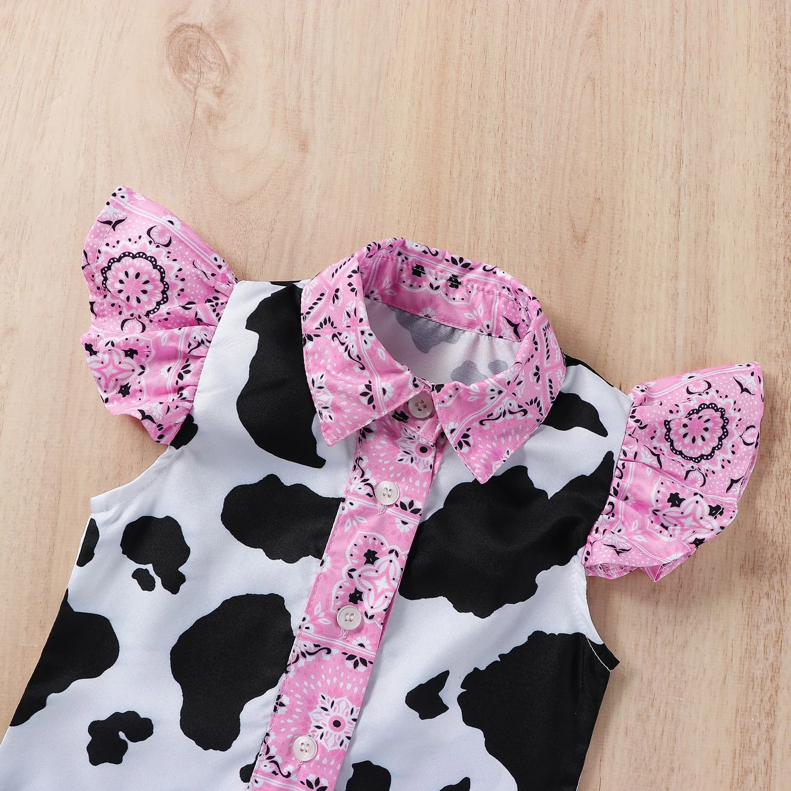 Toddler Girls Clothing Fly Sleeve Cow Prints Tops Bowknot Denim Shorts Two Piece OutfitsFor Kids Baby Clothes 1 2 3 4 5 6 Years