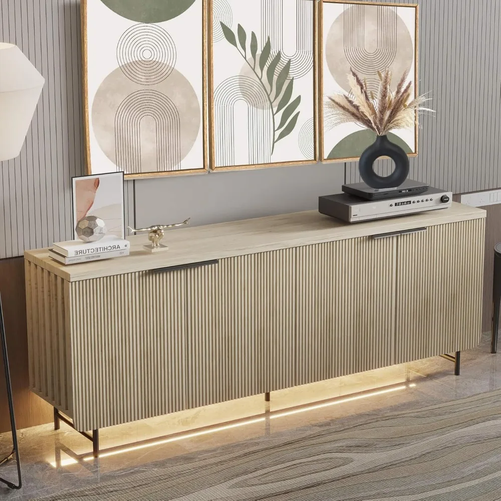 

68"Large Fluted Sideboard Buffet Cabinet with 4 Doors & Led Light, Mid Century Storage Sideboard with Adjustable Shelves.