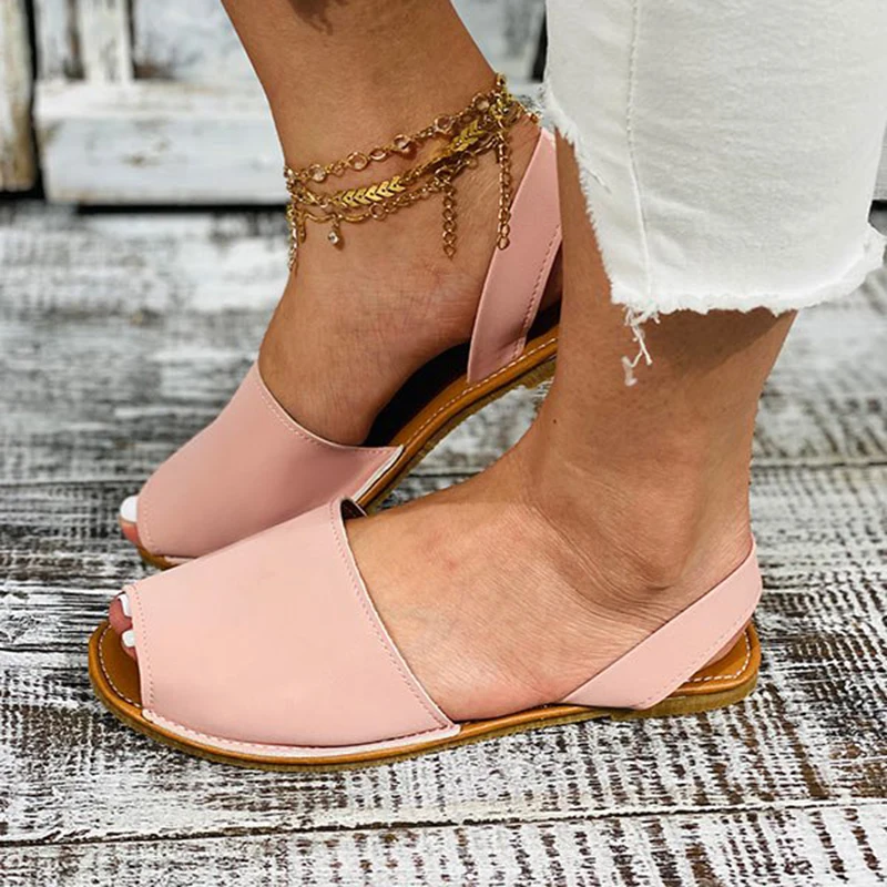 Faux Leather Peep-toe Sandals For Women Fish Mouth PU Shoes Summer Beach Flat Heel Shoes 2023 New Ladies Flats Slippers