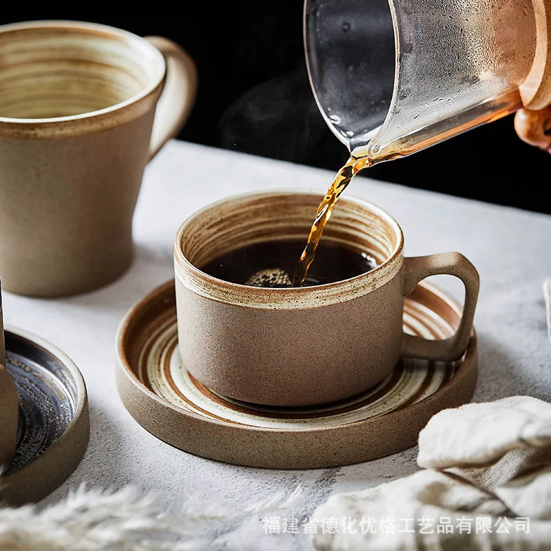 

1set Vintage Threaded Coffee Cup Dish Set Creative Coarse Pottery Handmade Coffee Mug Milk Breakfast Cup with Handle