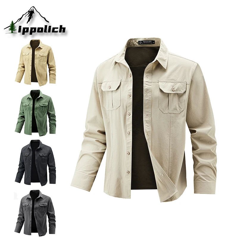 

IPPOLICH Men Outdoor Long Sleeves Elastic Cargo Shirts High Elastic Comfortable Big Size Solid Color Workwear Shirt Mens Shirt
