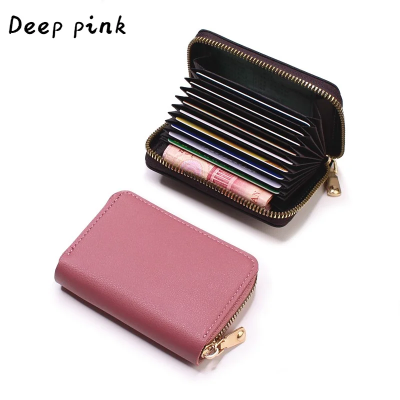 PU Leather ID Credit Bank Name Business Card Holder Case Women Zipper Coin Purse Money Bag Change Organizer Blocking Wallet