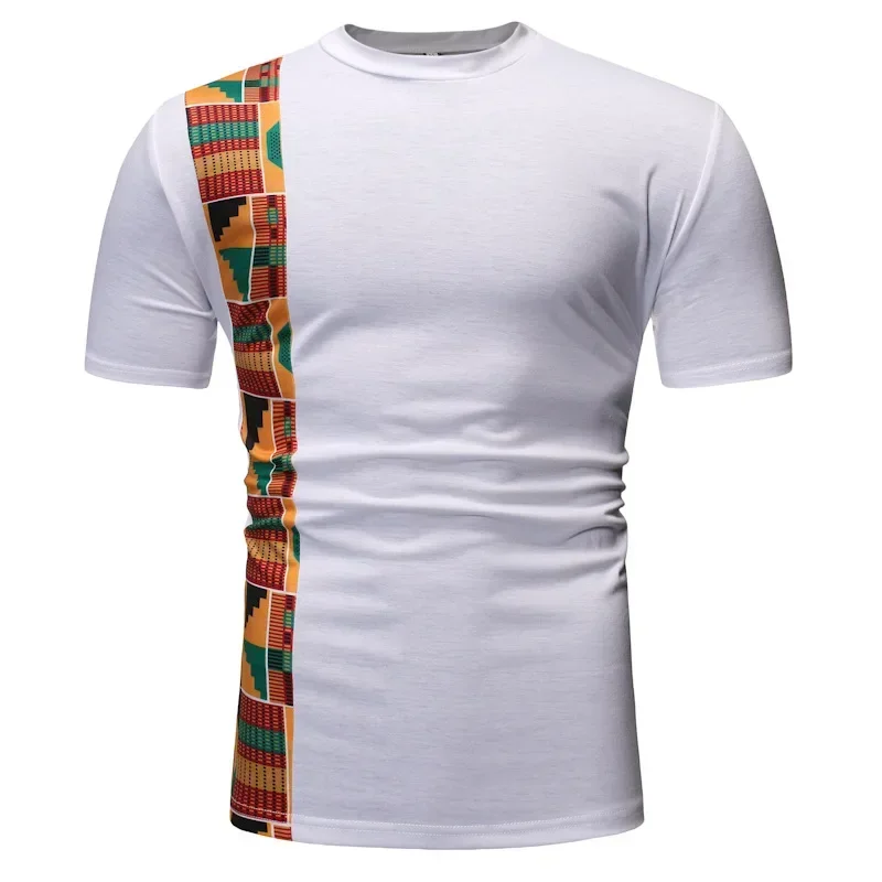 Fashion African Kente T Shirt For Men's Ghana Tops Ankara Panelled Geo Printed Short Sleeves T-Shirt Color Blocked O-Neck Summer