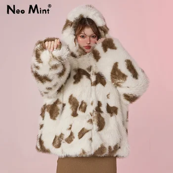 Manteau en fausse fourrure de renard imprimé léopard pour femmes, veste épaisse d'hiver, pardessus à capuche, Harajuku doux, mode Y2k