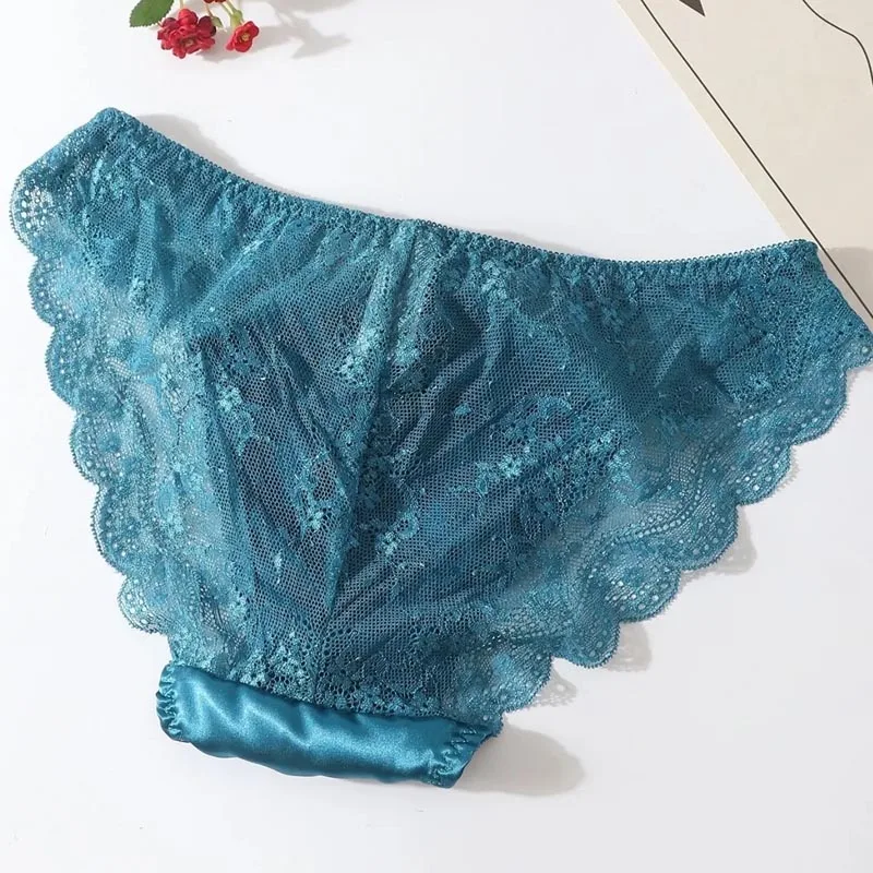 Sexy Mens Briefs See Through Lace Satin Bow Convex Pouch Sissy Panties Cross-dressing Soft Breathable Erotic Lingerie view 4