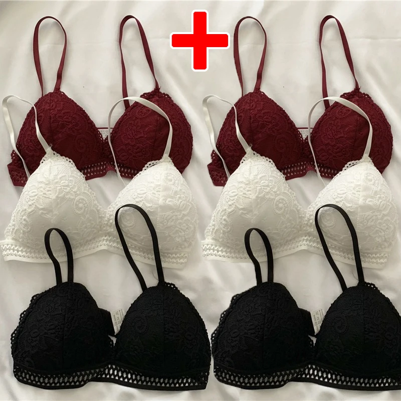 Lace Embroidery Bra Women Sexy Deep V Underwear Floral Brassiere Stretch Seamless Push Up Lingerie Bralette Triangle Cup Padded