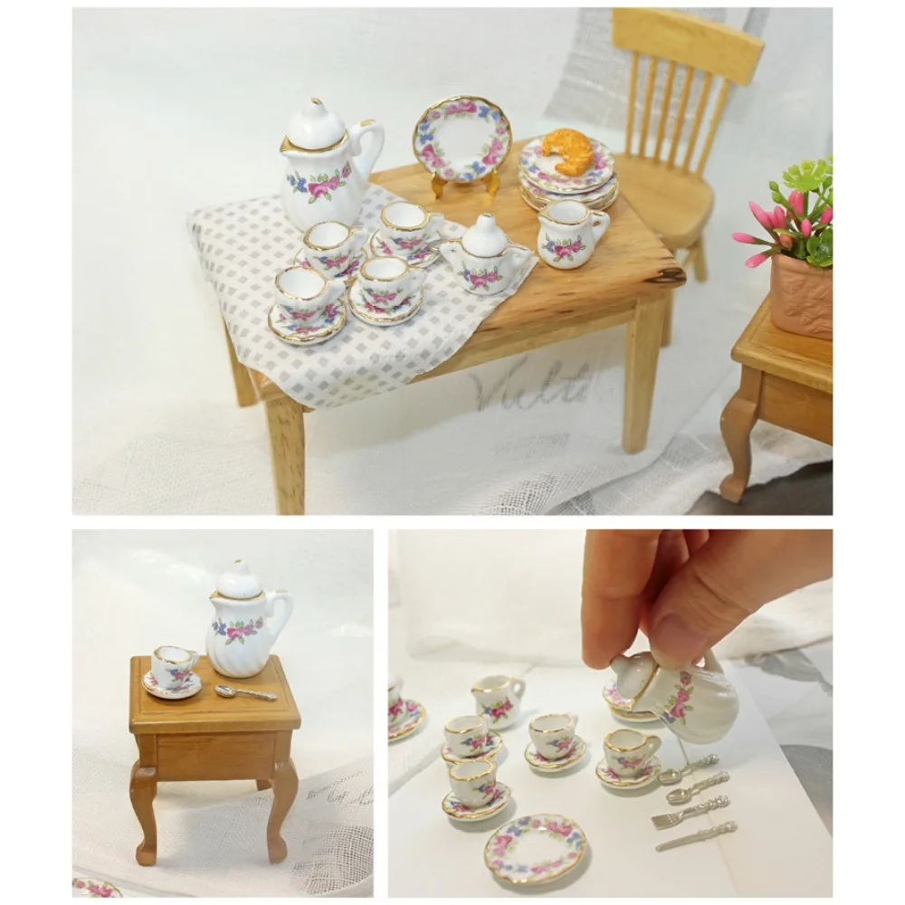 Ceramic Dollhouse Miniature Tea Set Tableware Tray Doll House Cup Model Set Flower Kettle Miniature Porcelain Tea Cup Set