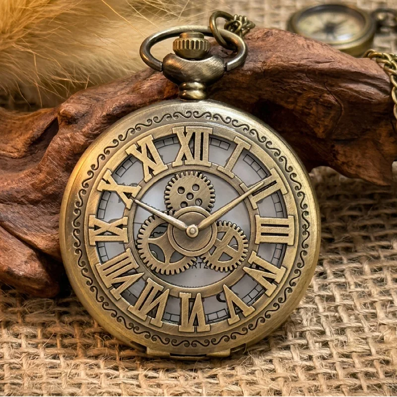

2026 New Antique Steampunk Vintage Roman Numerals Quartz Pocket Watch Bronze Case Necklace Pendant Clock Chain Mens Women