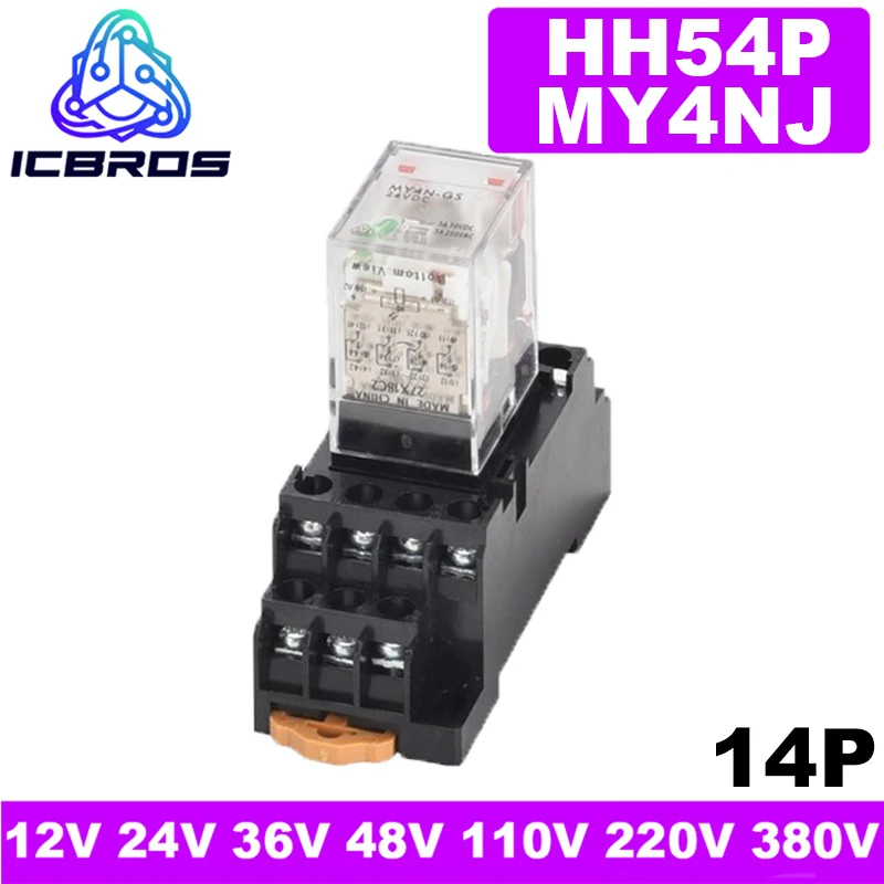 1 Set HH54P MY4NJ MY4N-J MY4NJ-GS Plug-in Relay PYF14A 12v 24v 36v 48v 110v 220v DC/AC 5A Sier ContaCt 14pins 4PDT Rele Socket