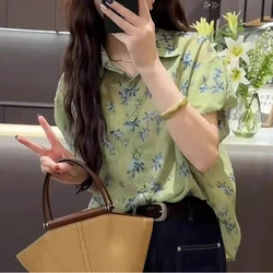 2024 Summer New Women's Printed Shirts Fashion Elegant Polo Collar Patchwork Pockets Button Short Sleeve Loose Chiffon Blouses