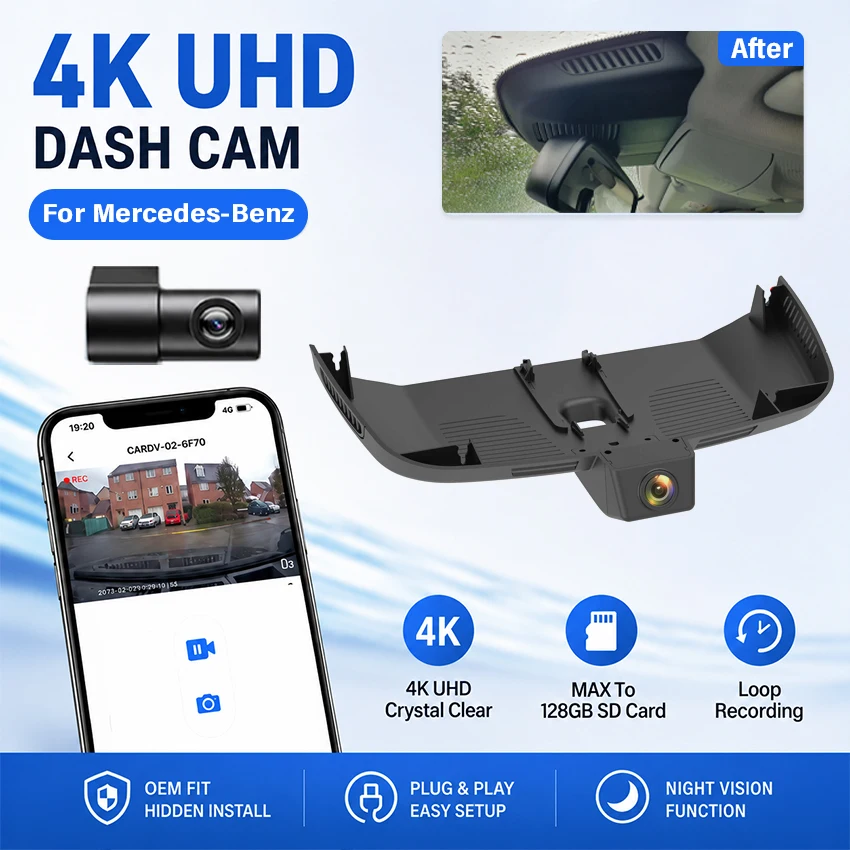4K 2160P Hidden Dash Cam For Mercedes‑Benz V‑Class W447 2014‑2022 WiFi APP Control Plug & Play Car DVR Driving Recorder