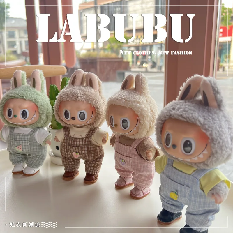 New 17cm Mini Plush Doll Clothing Labubu Macaron Vinyl Doll Idol V1 V2 Casual Checkered Strap Pants Workwear Hat Clothing Gift