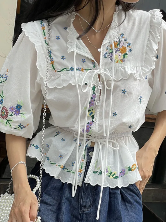 

Dongda Gate кружевной воротник полая вышивка цветочный irt женский топ фонарь Sve Sweet Sle свободная летняя хлопковая блузка