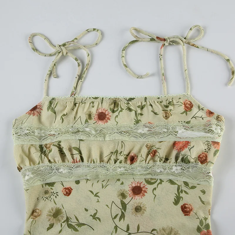 Summer Women Floral Printed Camisole Lace Spliced Crop Tops Ladies Lace-up Straps Camis Female Sexy Sleeveless Backless Vests