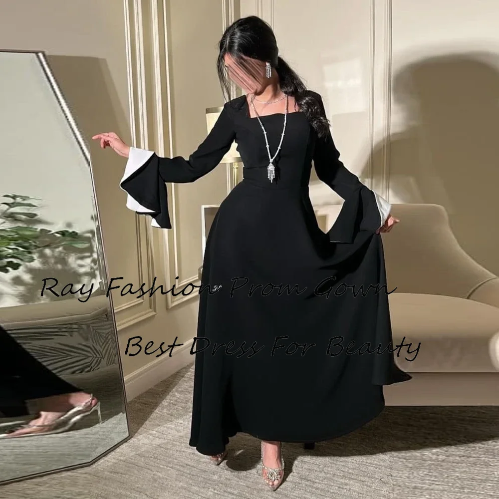 

Ray Fashion A Line Evening Dress Square Neck Long Sleeves Simple Gowns For Women Formal Occasion Saudi Arabia فساتين سهرة