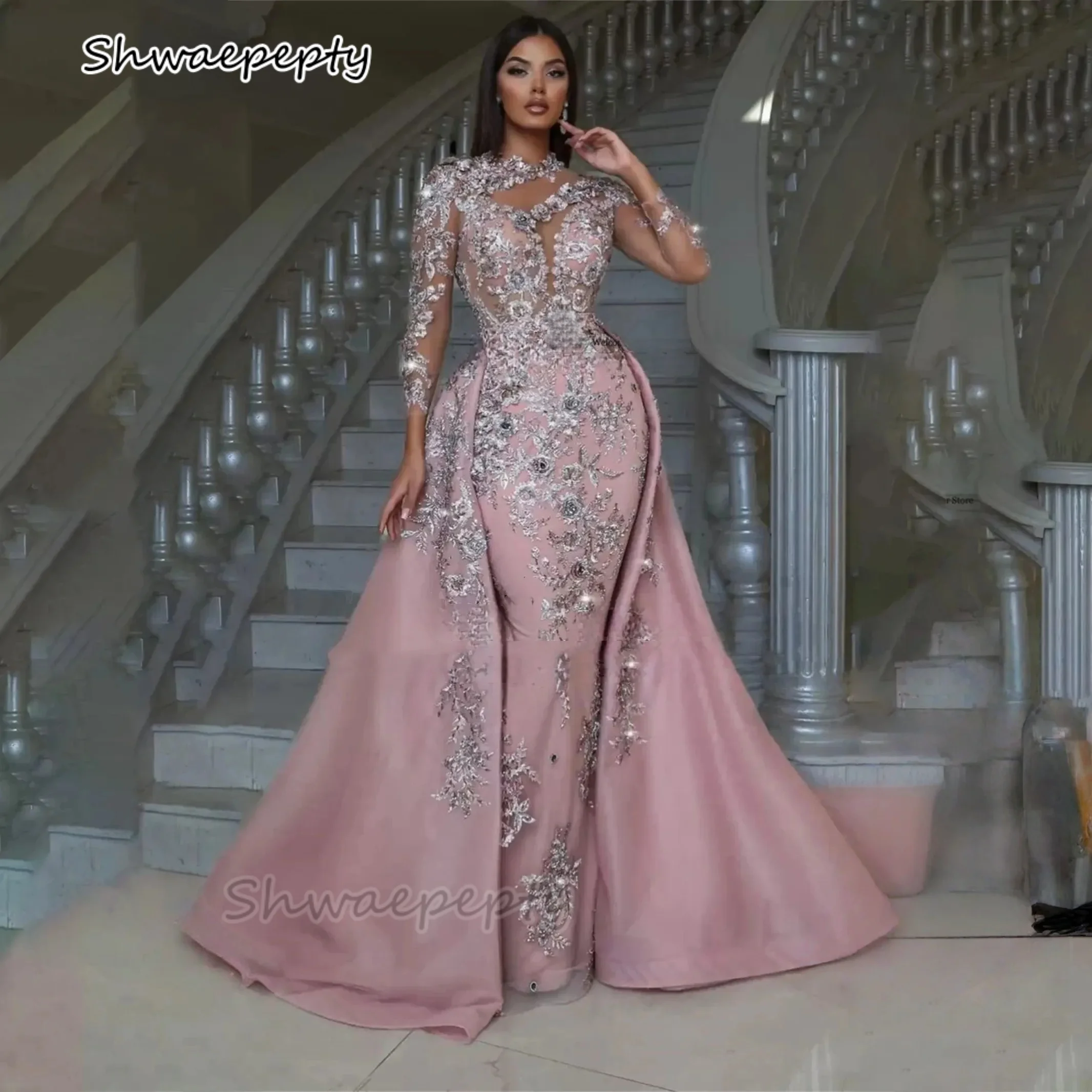 

Luxurious Evening Dress Silver Sequins Lace Appliques Detachable Train Long Sleeves Pink Mermaid Prom Party Gown Customized