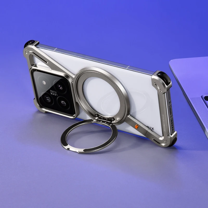 Oatsbasf Z Shape Case for Xiaomi 14/14pro/14u All Metal Magnetic Frameless Protective Phone Cover with 360°Rotation Kickstand