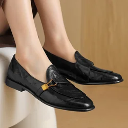 Women's sheepskin slip-on flats loafers round toe metal buckle high quality soft comfortable female daily moccasins shoes woman