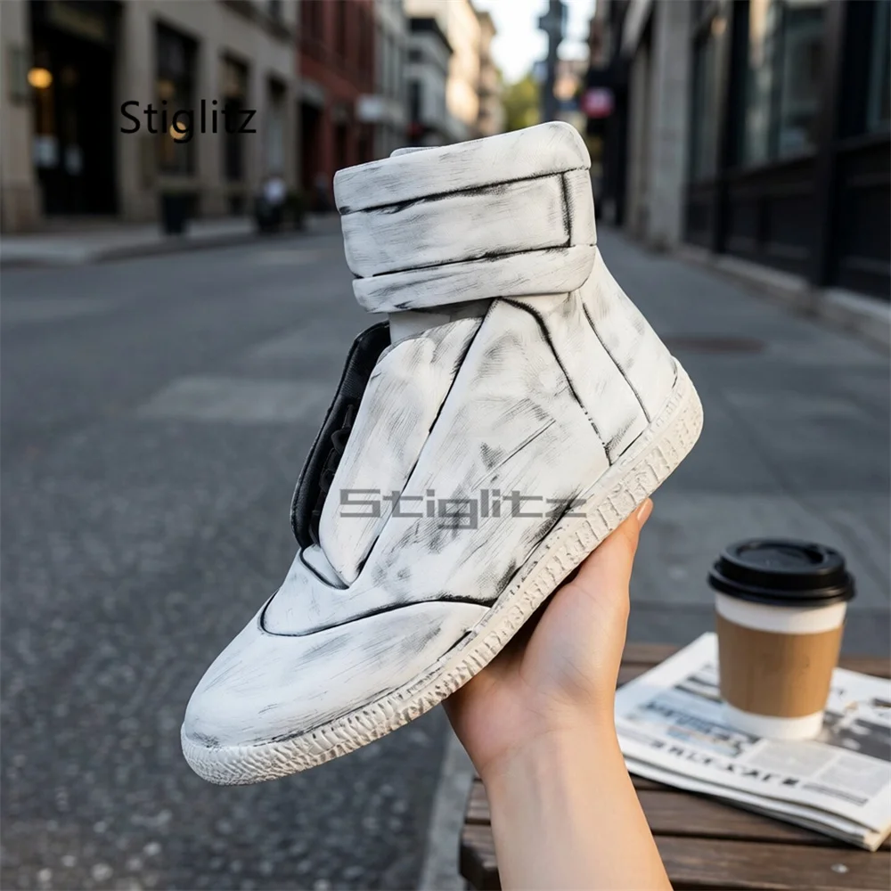 White Graffiti Casual High Top Boots for Men Women Genuine Leather Breathable Sports Shoes Flats Round Toe Sneakers Couple Shoes view 6