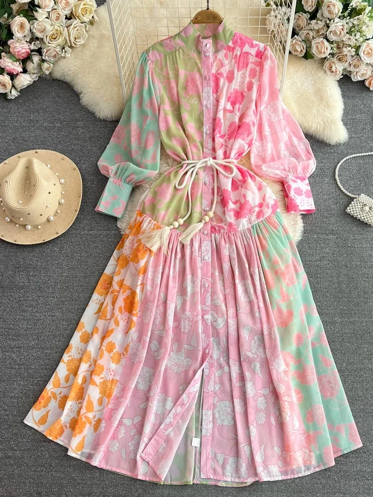 2026 New Ele Lantern Sve irt Dr Slimming High Waist Print Long Sve Stand Collar Single Button Positioning Print Dress