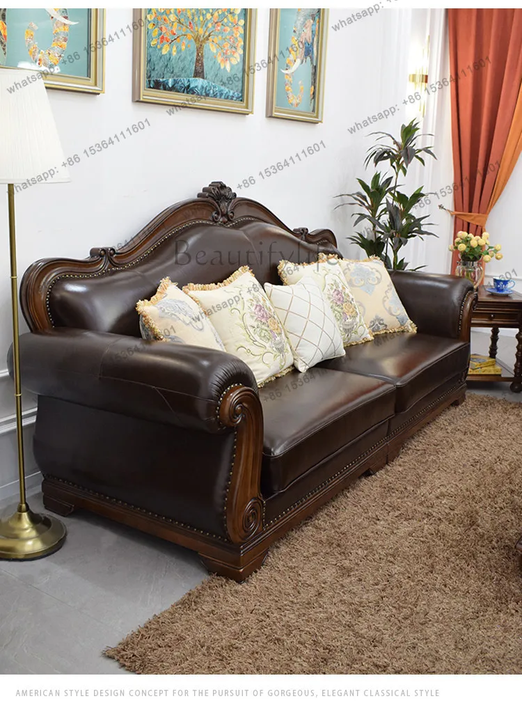 American style retro solid wood leather sofa 123 people combination first layer oil wax leather