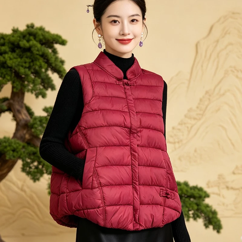 Women's Chinese style Warm Vest Lightweight Cotton Autumn Winter Outerwear Pure Color buckle vest coat