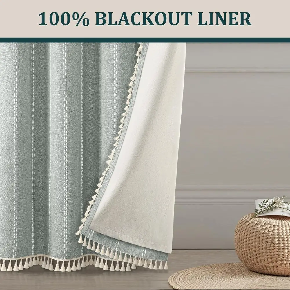 84 rideaux Boho en lin vert clair avec glands, broderie pour salon, style ferme