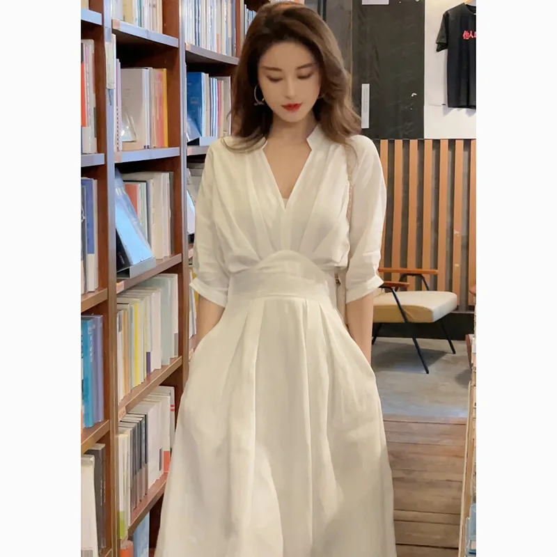 2024 Chic Unique High-End Design Niche Stunning Waist-Controlled White Shirt Dress Summer for Women