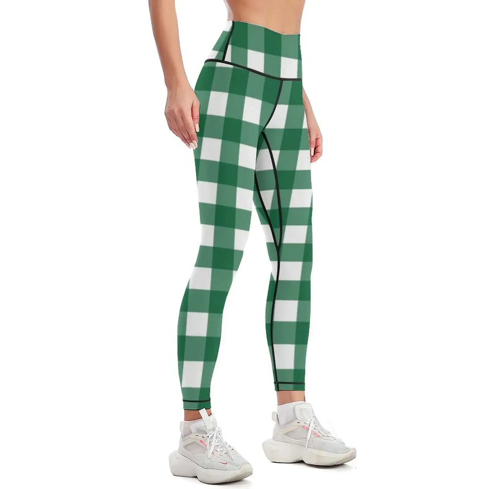 Green and white vichy pattern plaid gingham tartan pattern Leggings gym clothing Legging sport flared Womens Leggings