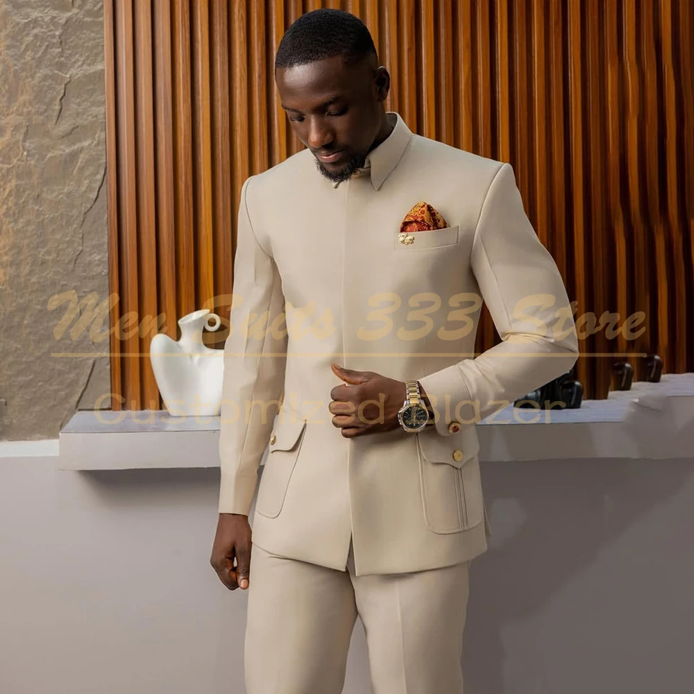 Elegant 2 Piece Jacket Pants Sets Formal Men's Suits Sand Lapel Regular Fit Back Split Business Smart Casual Male Cothing Blazer