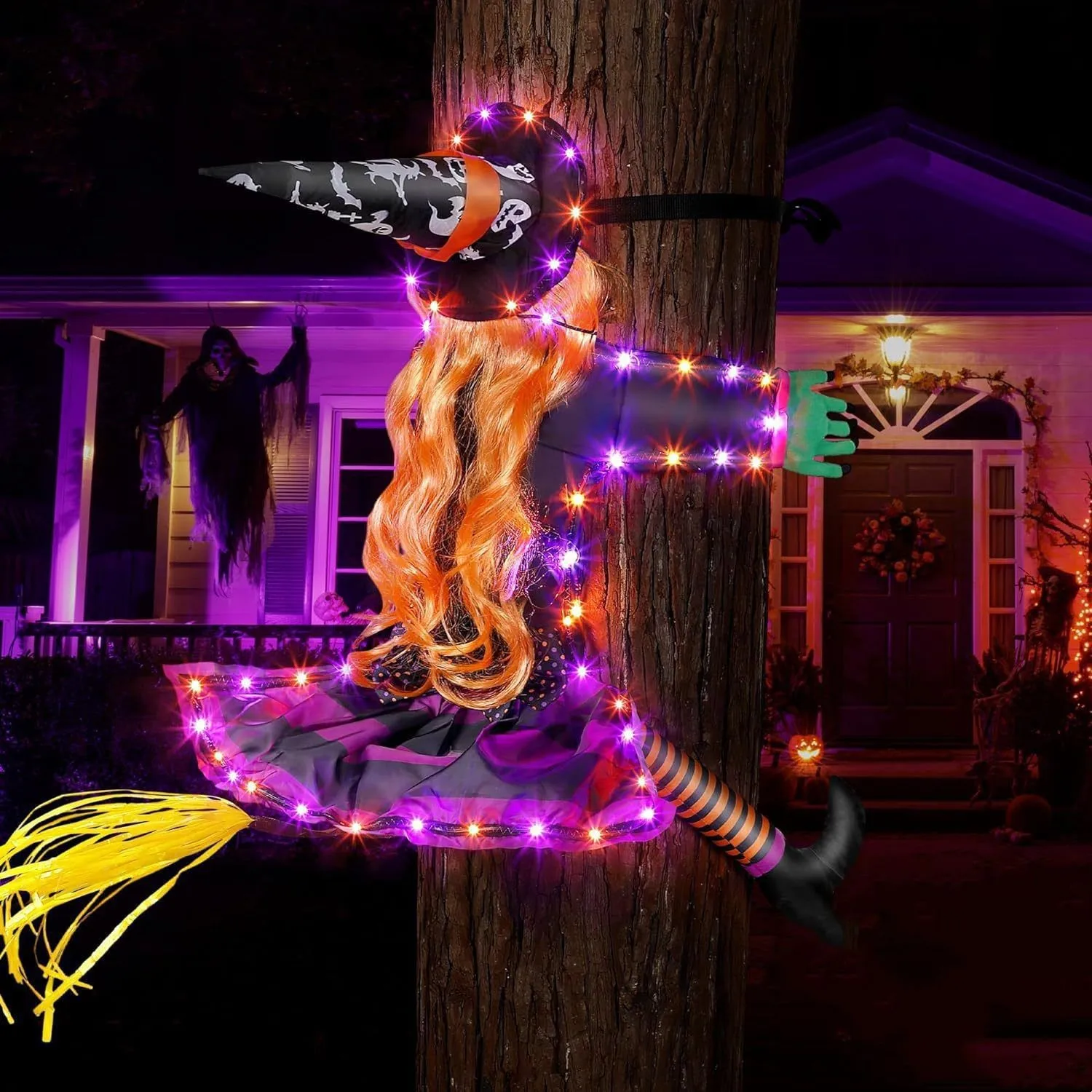 

Halloween Orange Hair The Witch Hits the Tree Decoration Halloween Theme Glow Pendants Decor for Indoor Outdoor Office Decor