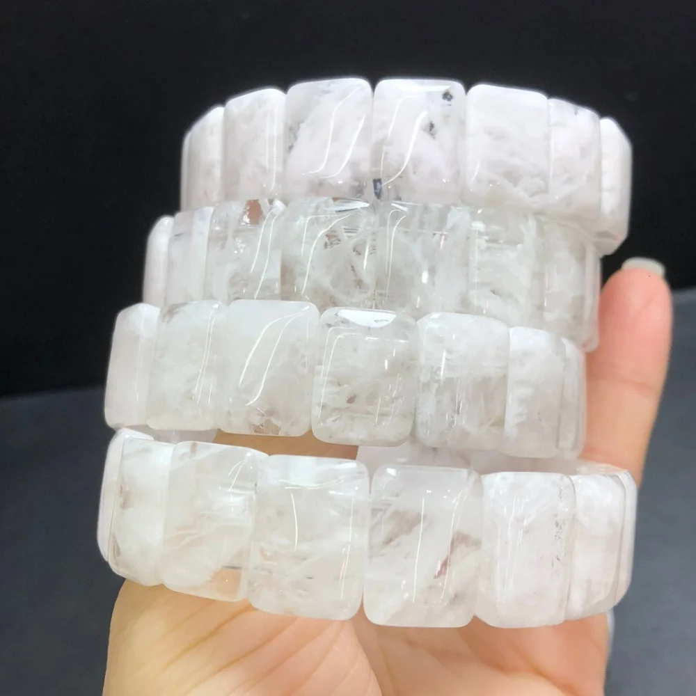 12X16MM Natural White Snowflake Garden Quartz Bangle Women Fengshui Jewelry Stretch Bangle Children Birthday Gift 1pcs