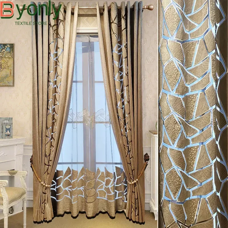 

Europe American Luxury Geometric Curtains for Living Dining Room Bedroom Hollow Embroidery Duplex Building Window Curtain