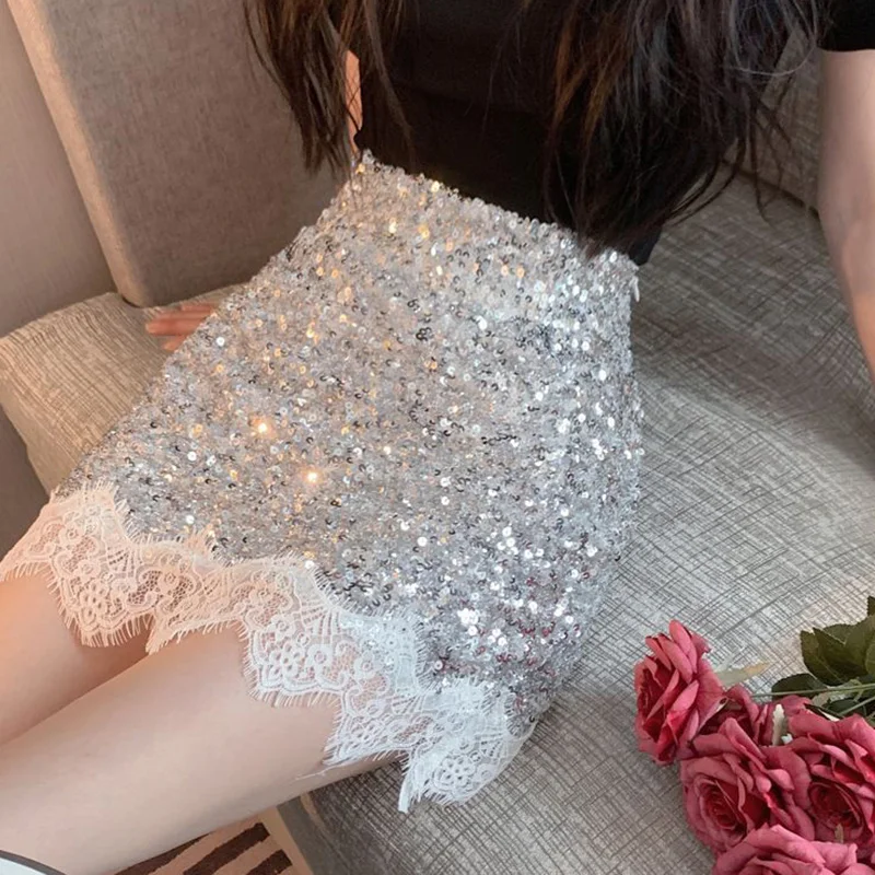 Rimocy Sexy Silver Sequin Skirt Woman Lace Patchwork High Waist Mini Skirts for Women Shiny Party Night Club Dance Skirt Ladies