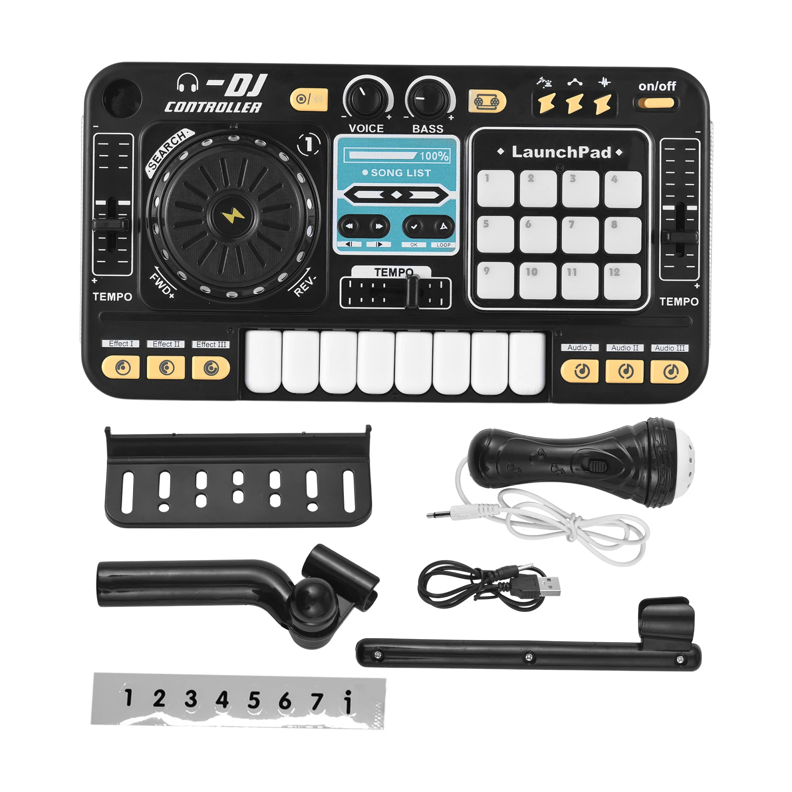 

Детский DJ-контроллер: электронная клавиатура с Bluetooth-микшером, регулируемым микрофоном, динамическими световыми эффектами и проигрывателем дисков