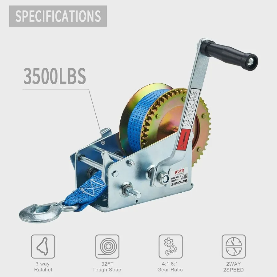 ونش القارب 3500 رطل، مع حزام أزرق بطول 32 قدمًا وسرعتين قابلة للتحويل، لونش سحب مقطورة القارب #2