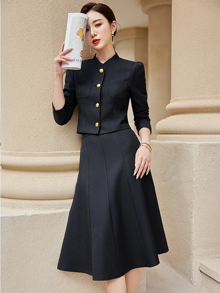 Elegant Spring Autumn Ladies Formal Skirt Suit Women Female Gray Red Green Black Long Sleeve Two Piece Set for Work Wear