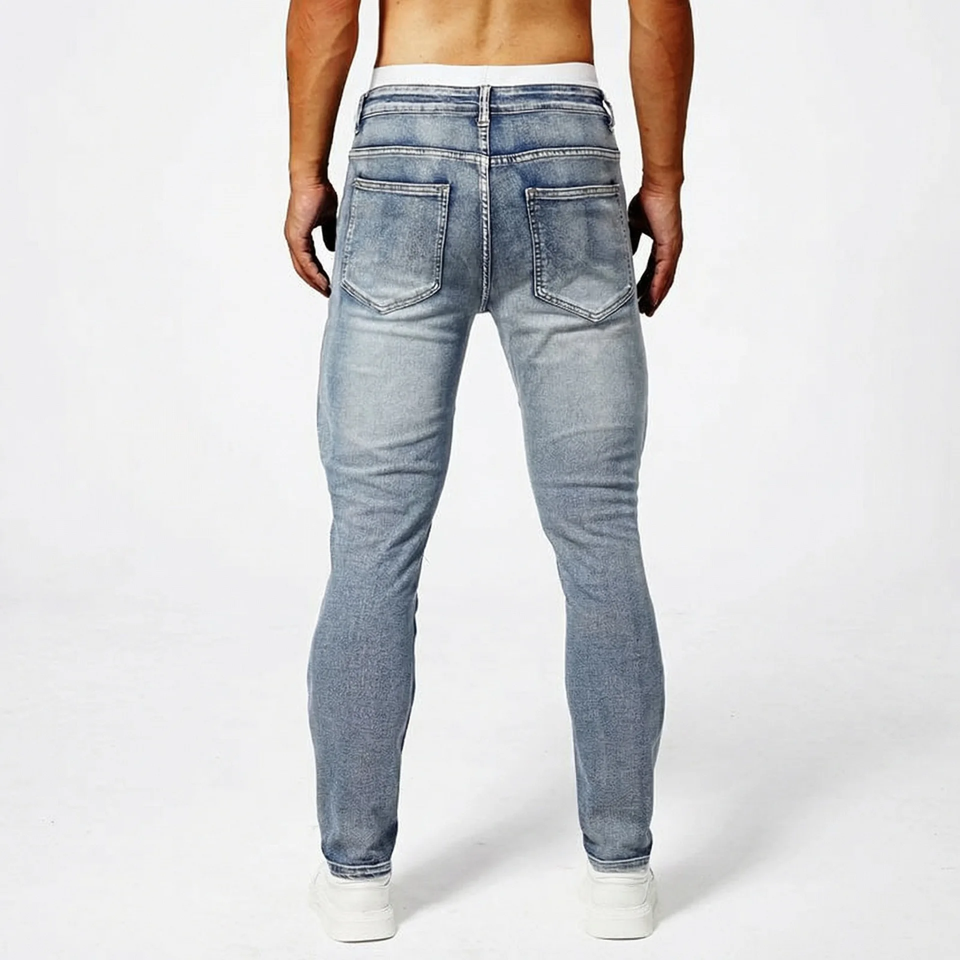 Distressed Patchwork Moto Jeans Men's Slim Stretch Streetwear Denim Trousers