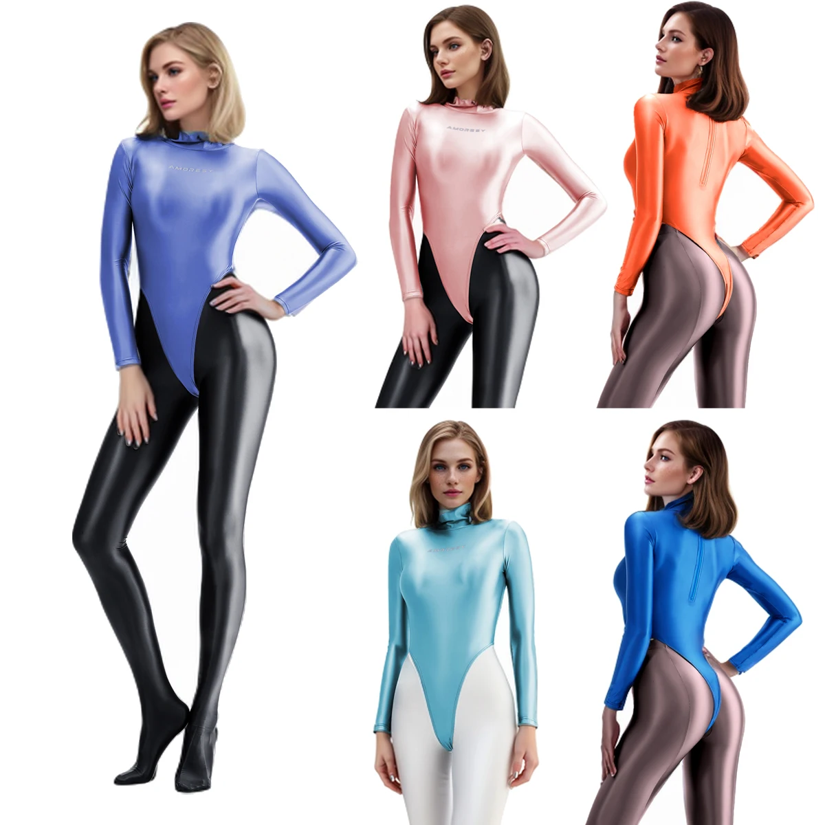 

AMORESY Clotho Series Women Spandex Smooth Glossy Long-sleeve High Neck T-shaped Swimwear Workout Bodysuit Leotards Bathing Suit