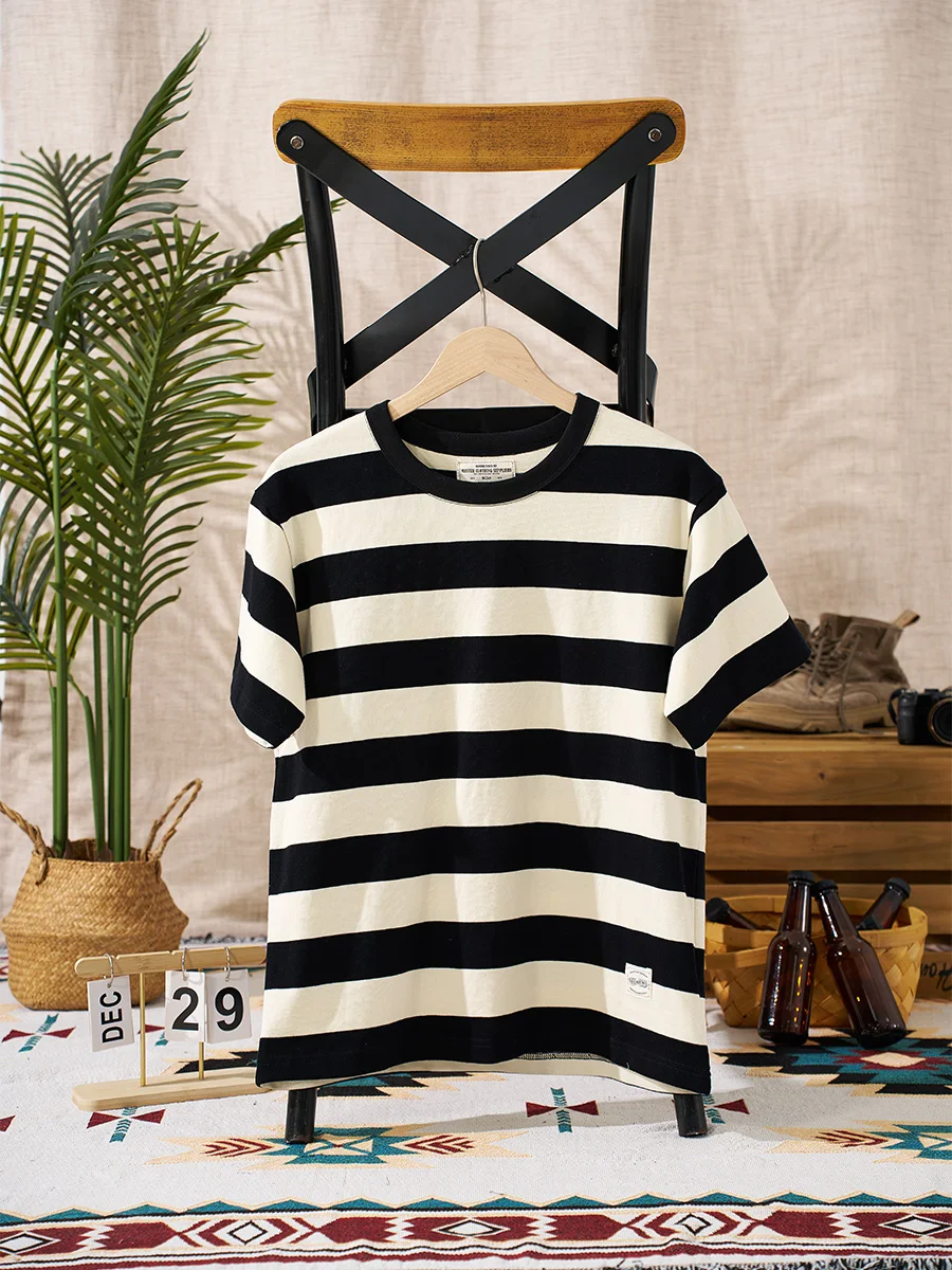

New American Retro Khaki T-Shirt Heavyweight Prisoner Motorcycle Men's Versatile Casual Short-Sleeved Thick Striped T-Shirt
