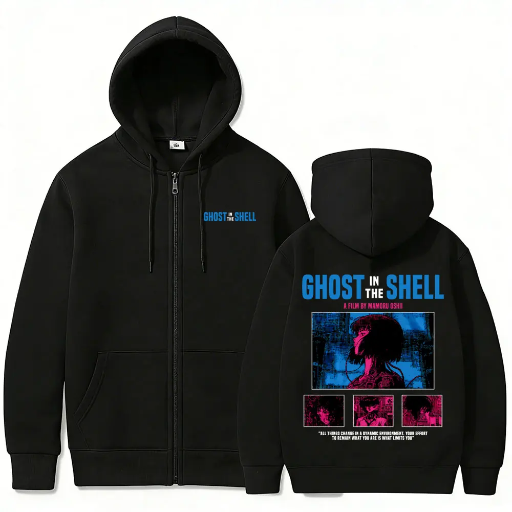 Anime Ghost in The Shell Motoko Kusanagi Merch Zipper Hoodie Men Women Fleece Cotton Zip Up Jacket Y2k Manga Cosplay Streetwear