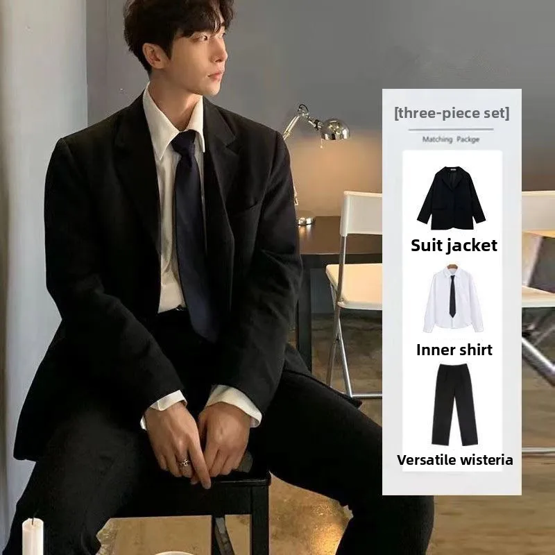 

Loose Fit Korean Sle oulder Padded Men's Busin Suit Tee Piece Set Casual High End Feel Small Size Student Faion
