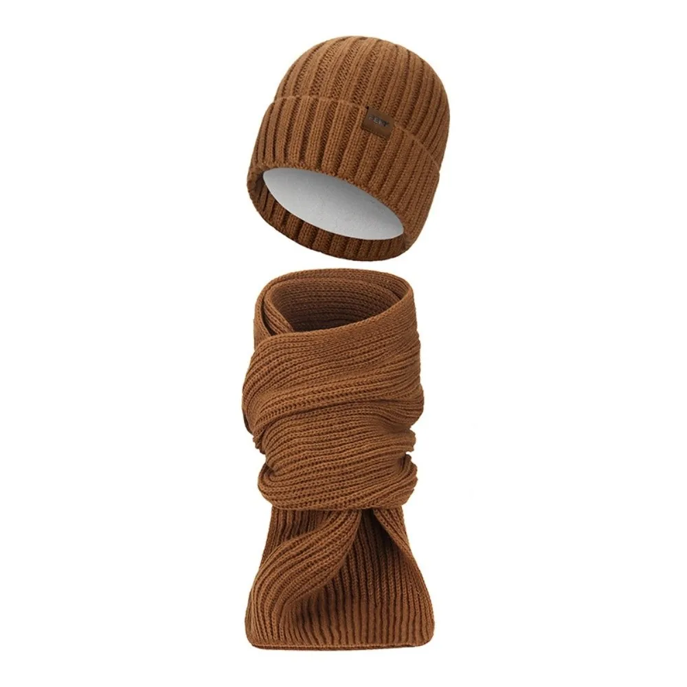 2Pcs Set Trendy Windproof Knitted Hat Scarf Thicken Soft Men's Hat Simple Plush Warm Scarf Outdoor