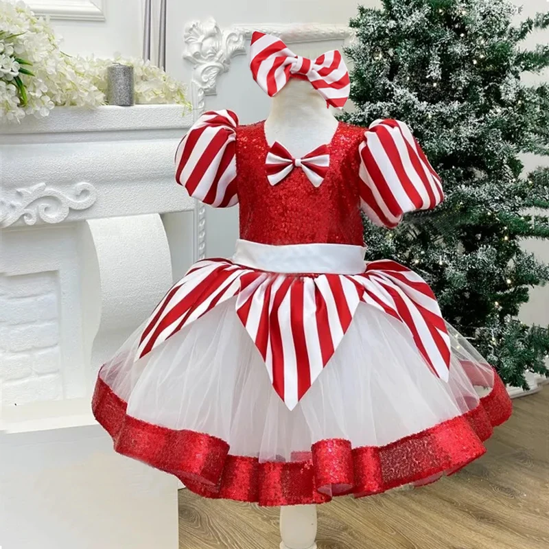 Red Christmas Party Dress For Girls Kids Sequin Halloween Tutu Dresses Young Girl Bow Birthday Gift Children Fashion Costumes