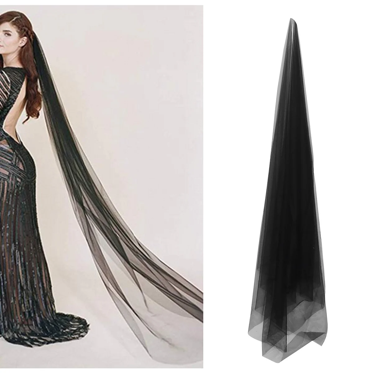 

Black One Tier Drop Veil Photography Accessory Easy Attach Bridal Hairpiece Black Wedding Veil 3 Meters Long for Bride Ceremony
