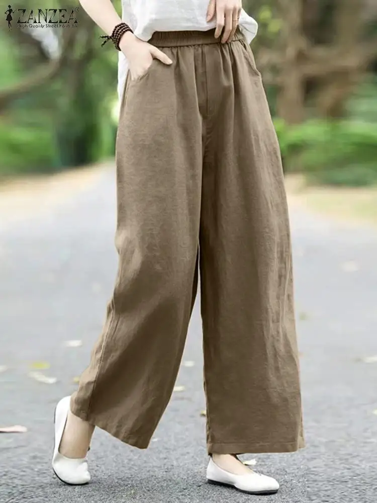 

ZANZEA 2024 Summer Trousers Women Elastic Waist Solid Pantalon Palazzo Fashion Loose Wide Leg Pants Female Cotton Long Pant