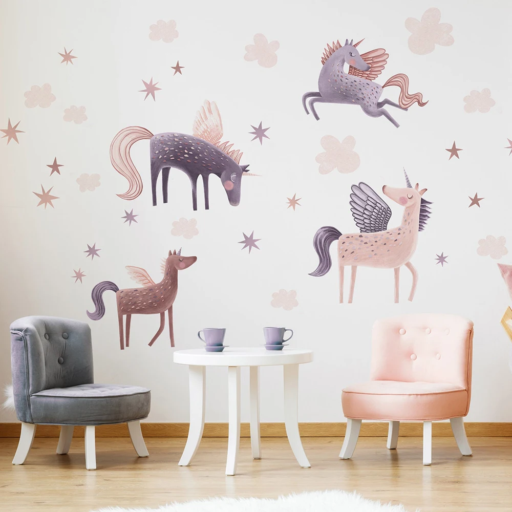 Cartoon Unicorns Star Wall Sticker Baby Nursery Kids Room Animal Horser Cloud Sky Wall Decal Playroom Bedroom Home Decor