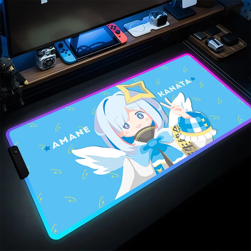 

RGB Mouse Pad Laptop Kawaii Hololive Amane Kanata Mousepad LED Luminous Desk Mouse Mat PC Anime Girl Gaming Gamer Keyboard Pad